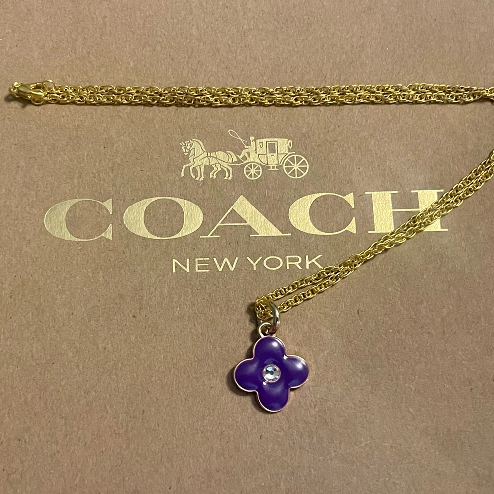 Coach Purple Enamel Crystal Clover Pendant 18k/.925 Sterling Silver Necklace - Picture 3 of 6